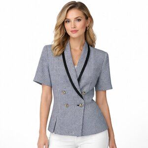 Le Suit Double Breasted Blazer Women Size 14P Black White Gingham Short Sleeve